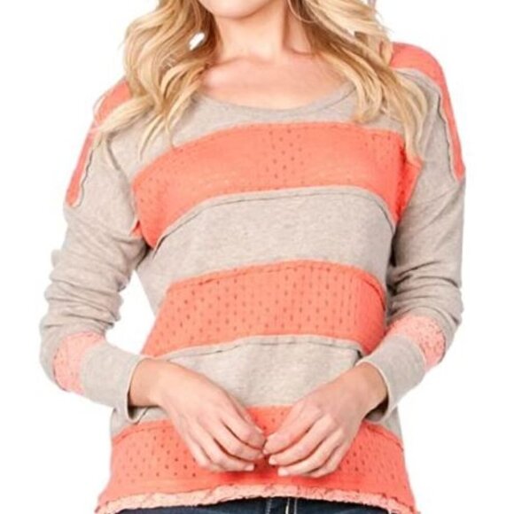 MISS Me Mixed Media Knit Stripe Pullover - Coral - Picture 2 of 11
